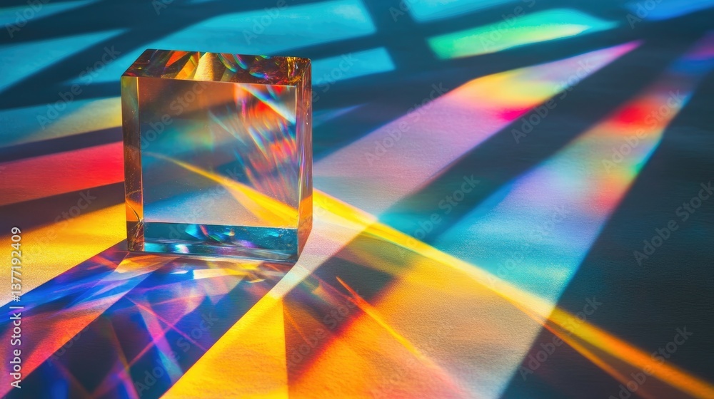 Aufkleber A colorful light spectrum reflected by a crystal prism, showcasing an array of rainbow colors and intricate shadow play on the surface.