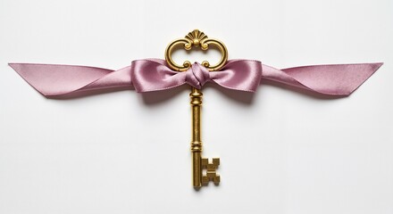 Vintage gold key with pink ribbon on white background