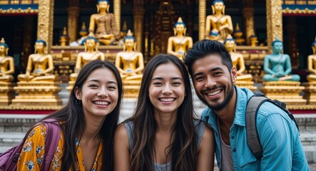 Happy friends smiling in Buddhist temple with golden statues background portrait photo 