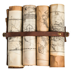 A set of nautical charts rolled up with a leather strap, isolated on transparent background
