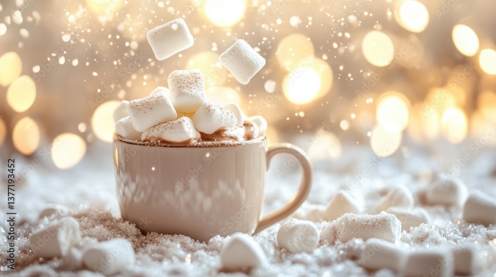 Poster a delightful scene of marshmallows hovering above a mug of hot chocolate, surrounded by a soft, spar