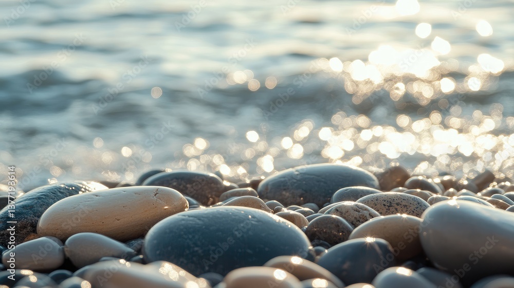 Poster a detailed view of smooth stones on a pebbly beach, with sparkling water gently flowing in the backg