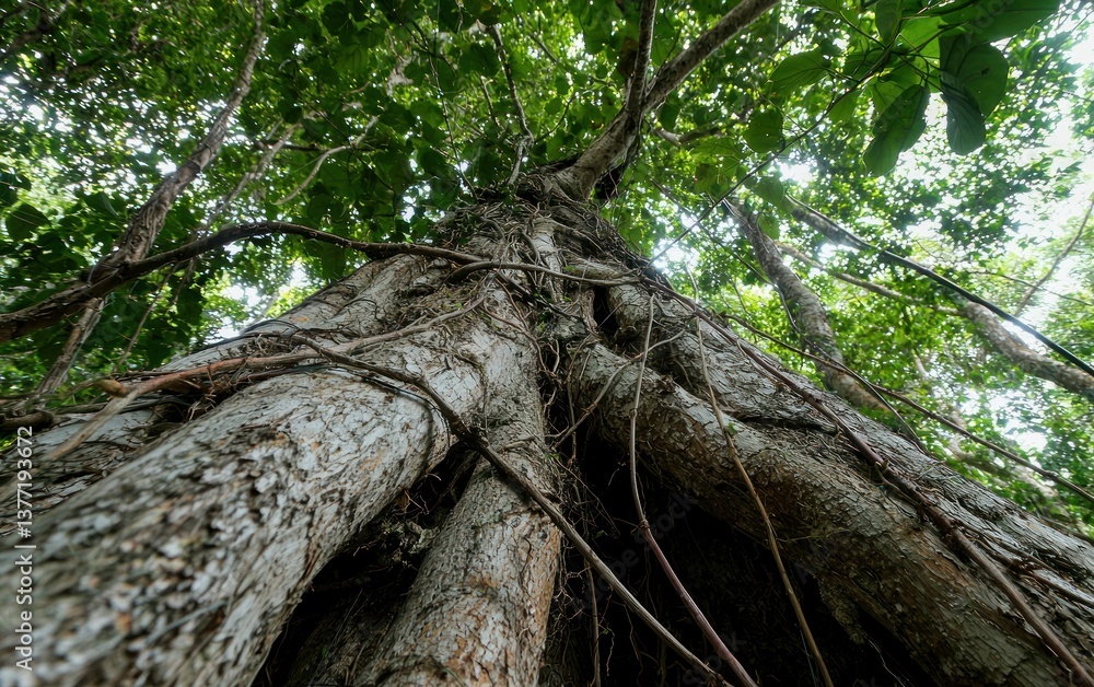 Poster low angle view of a large tree trunk with vines and roots, surrounded by lush green foliage. sunligh