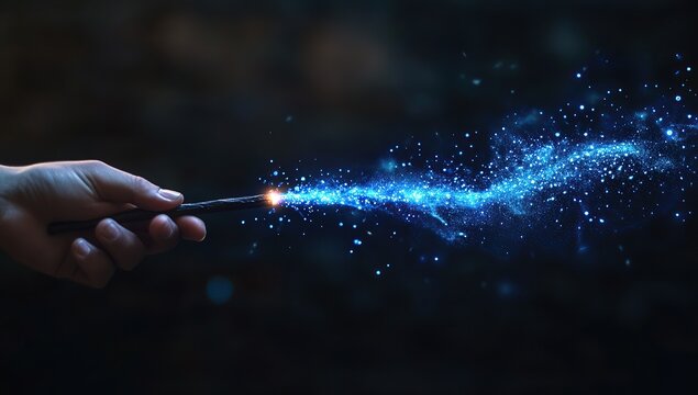 Hand holding a wand, casting a blue glowing magic spell with particles against a dark background.