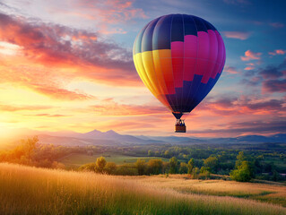 Obraz premium Hot Air Balloon over Landscape – A Vibrant Hot Air Balloon Floating Above Scenic Views