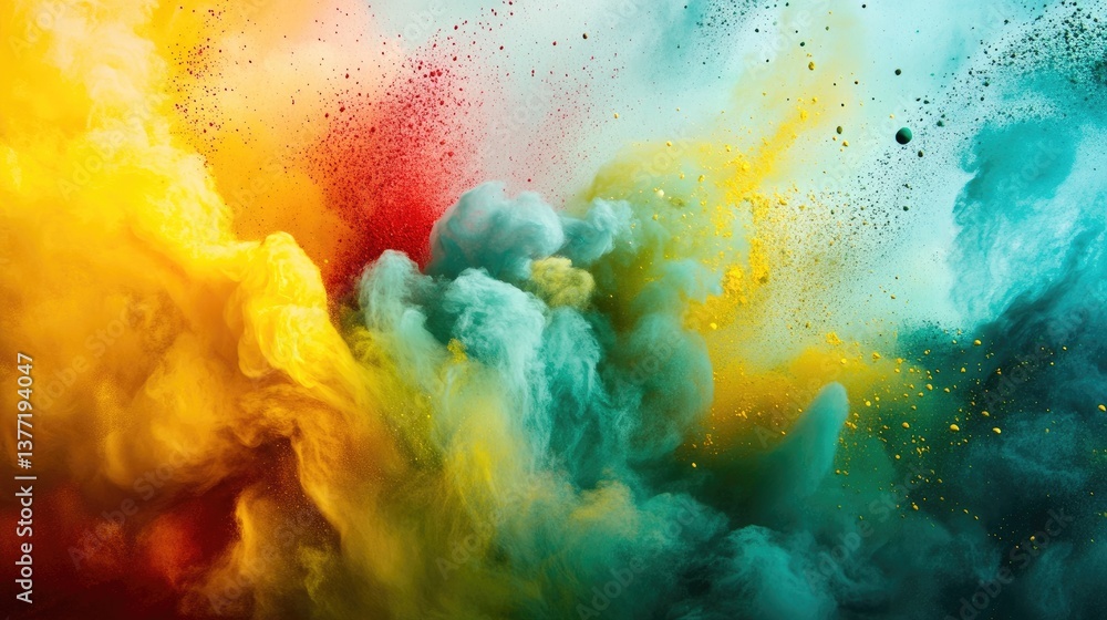 Poster a dynamic display of colorful powders--green, yellow, and red--swirling across a light background, c
