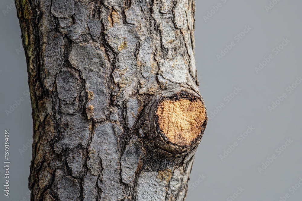 Poster close up image of tree bark with cut branch stub