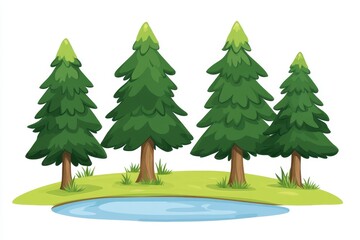 Four Evergreen Trees by a Small Pond on a Grassy Hill, Pixel Art Illustration