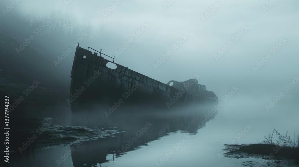Poster a fog-covered landscape with a rusted shipwreck partially submerged in water, surrounded by eerie si