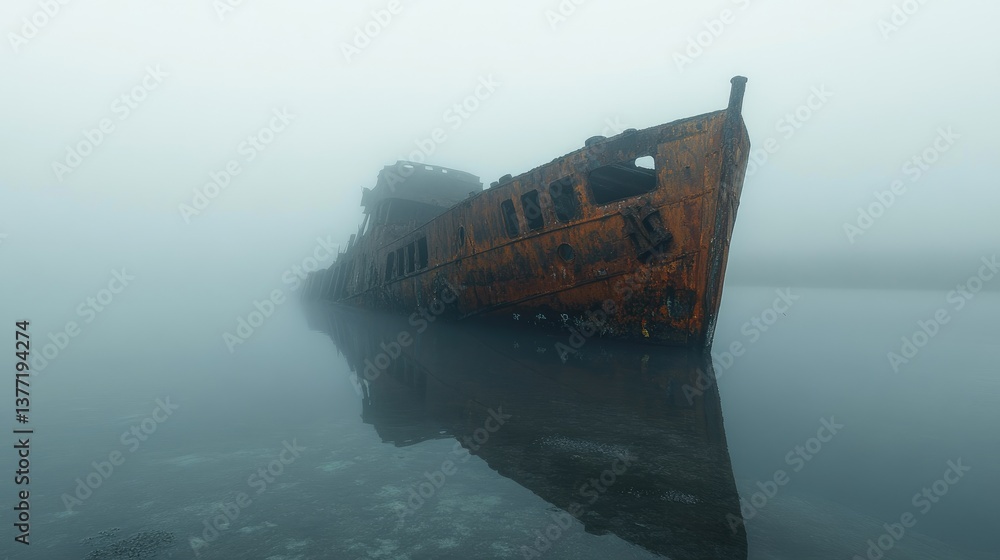 Poster a fog-covered landscape with a rusted shipwreck partially submerged in water, surrounded by eerie si