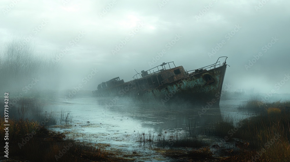 Poster a fog-covered landscape with a rusted shipwreck partially submerged in water, surrounded by eerie si