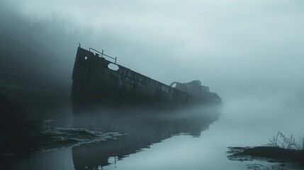 Fototapeta premium A fog-covered landscape with a rusted shipwreck partially submerged in water, surrounded by eerie silence and desolation, adding to the haunting atmosphere.