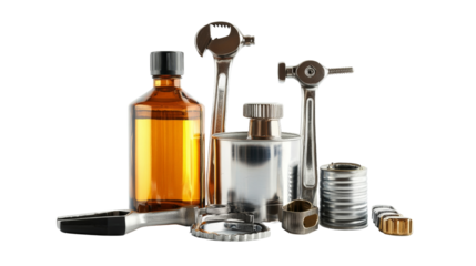 Mechanic tool kit, ratchet, spanner, and pliers, Transparent background, PNG file,
