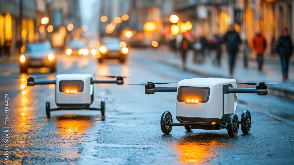 Poster innovative delivery robots in urban environment promoting future technology and efficiency in logist