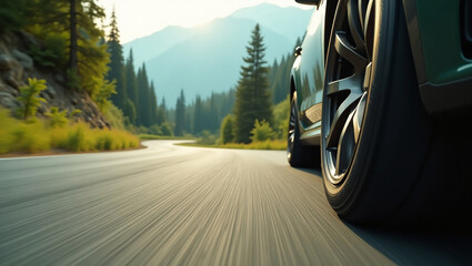 Car driving on a scenic mountain road, capturing speed and outdoor adventure. Wheels blurred, conveying motion and open road excitement.