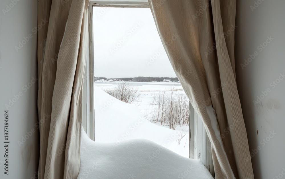 Poster beige curtains frame a snowy winter landscape viewed from a window. snow drifts accumulate on the wi
