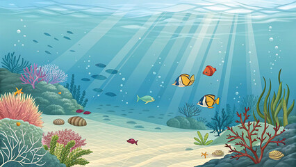 Underwater waves with rays of light penetrating and exotic sea creatures, AI