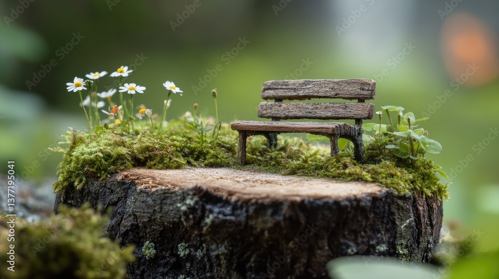 Poster A miniature, rustic park bench rests on a slice of tree trunk, with moss-covered patches and tiny wildflowers surrounding the delicate scene