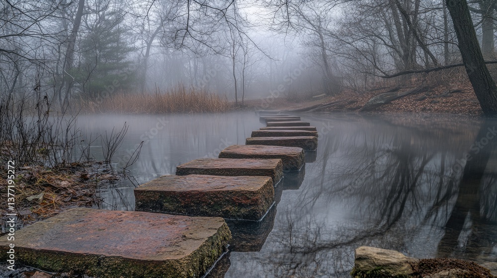 Poster a misty scene with rusted stepping stones leading over a still water surface, surrounded by bare tre