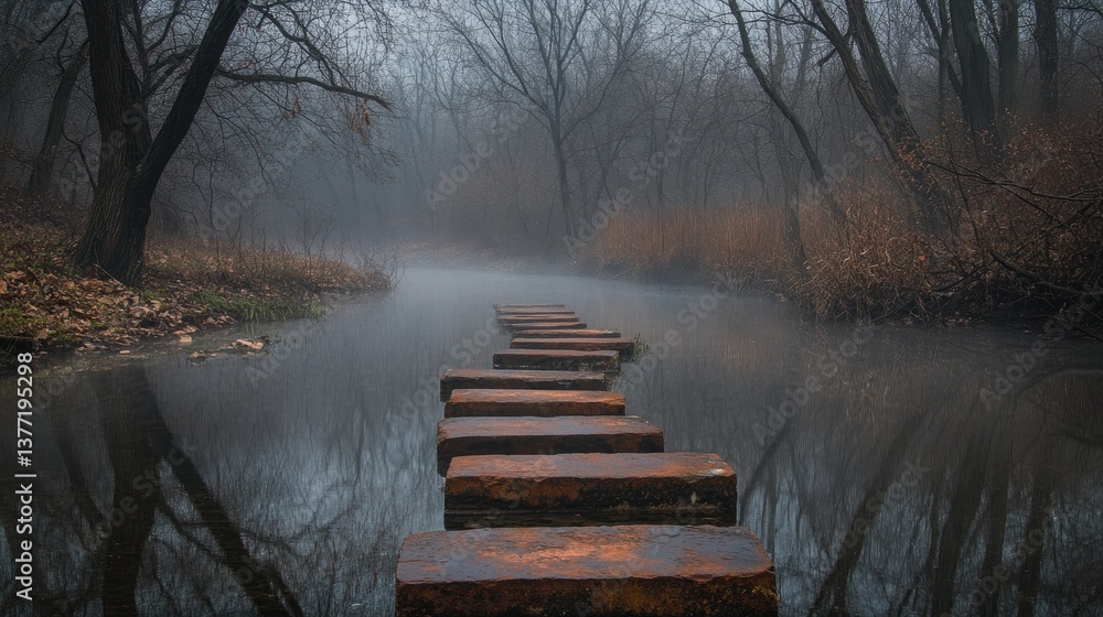 Poster a misty scene with rusted stepping stones leading over a still water surface, surrounded by bare tre