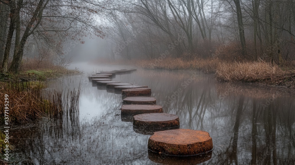 Poster a misty scene with rusted stepping stones leading over a still water surface, surrounded by bare tre