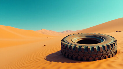 Abandoned tire in a vast desert landscape. A forgotten remnant, baking under the clear sky, symbolizes desolation and forgotten journeys.