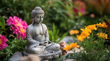 A peaceful Buddha statue in a serene garden, surrounded by bright pink and yellow flowers, radiating calm and mindfulness.