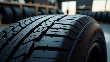 Close-up of a tire's tread pattern and sidewall in a brightly lit setting, showcasing its design and texture with other tires around