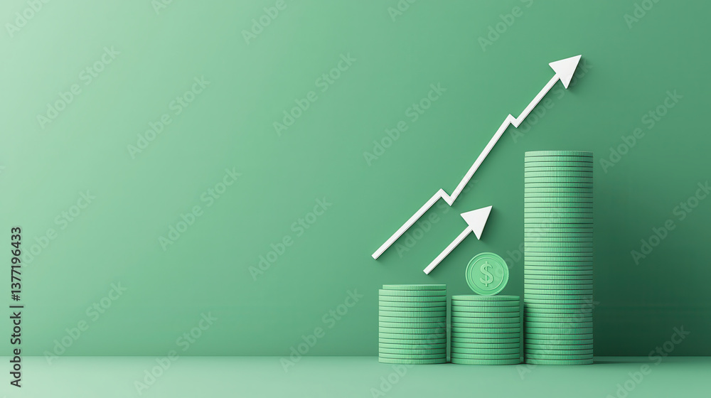 Leinwandbilder 3D illustration of stacked green coins with upward arrow symbolizing financial growth and success. background is matching green, creating cohesive and optimistic visual theme