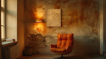 Cozy Orange Leather Armchair in a Rustic Room with Warm Lighting and Textured Wall