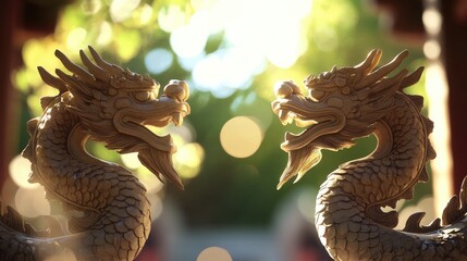 Obraz premium A stunning shot of twin dragon gate statues, their details highlighted against a dreamy bokeh background, showcasing Asian architectural artistry.