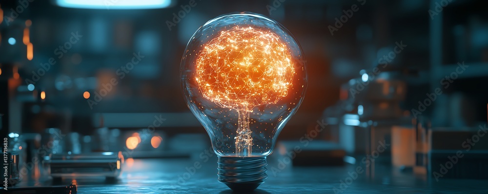 Poster an artificial intelligencethemed electric light bulb, filled with tiny robotic gears and circuits, g