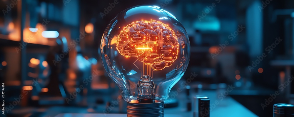 Poster an artificial intelligencethemed electric light bulb, filled with tiny robotic gears and circuits, g
