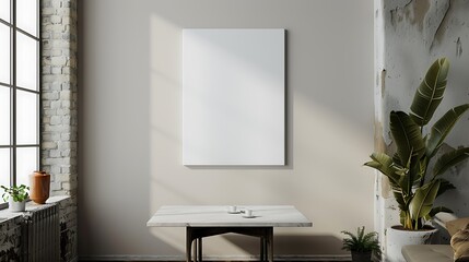 Blank Canvas Mockup in a Stylish Loft Interior with a Marble Table and Plants