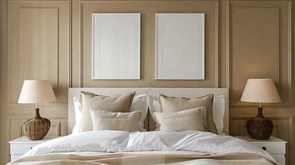 Tranquil Beige Bedroom Interior Design Mockup with Two Blank Frames Above Bed