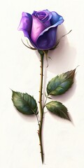 Stunning 3D Rendering of a Single Purple Rose with Green Leaves on a Soft Background
