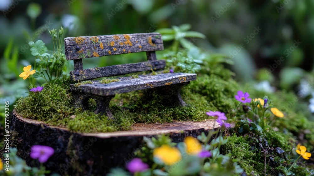 Poster A tiny, aged park bench placed on a slice of tree trunk, adorned with moss and surrounded by miniature wildflowers, creating an enchanting, rustic atmosphere.