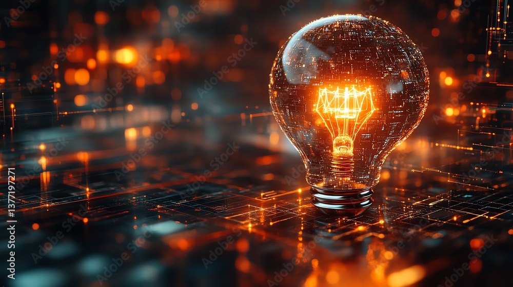 Leinwandbilder A dynamic fusion of a brain and light bulb, surrounded by digital data streams and AI neural networks, showcasing the power of creative innovation, ultrarealistic 8K render