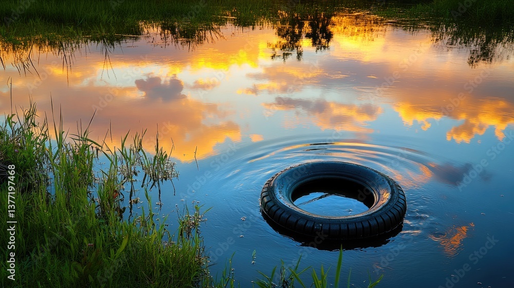 Poster A tire partially submerged in a river at sunset, surrounded by grass, with soft clouds and colorful reflections on the water, creating a serene atmosphere