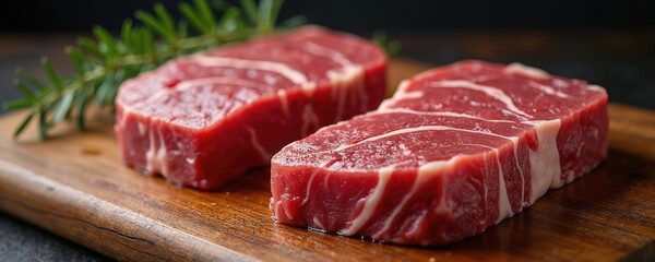 Fototapeta premium Raw beef steaks on wooden cutting board. Wagyu meat texture with marbling, high quality. Food for meat lovers. Butchery product, culinary art, cooking.