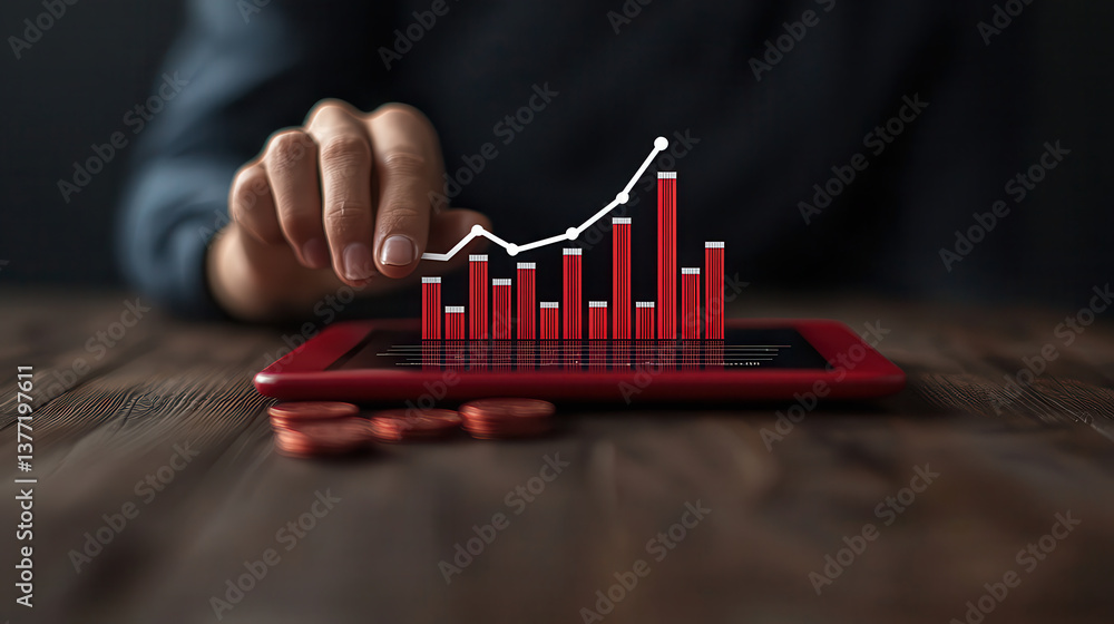 Poster hand interacts with red tablet displaying rising bar graph, symbolizing financial growth and data analysis. wooden table adds rustic touch to modern technology scene