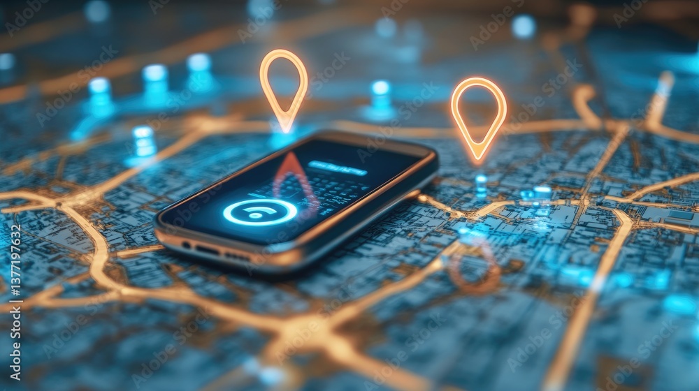 Poster A top-down view of digital handsets on a map, showcasing GPS technology and digital tracking systems used in modern delivery services.