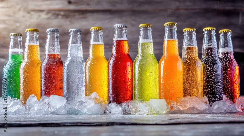 Poster a vibrant display of chilled glass bottles and cans of various fizzy drinks, including cola and lemo