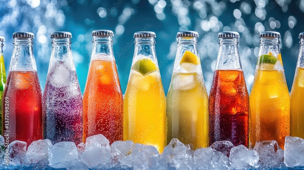 Poster a vibrant display of chilled glass bottles and cans of various fizzy drinks, including cola and lemo