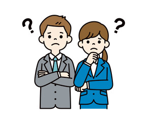 はてなマークと、困り顔の若い男女の会社員のベクターイラスト素材＿＿線の編集可能＿カラー