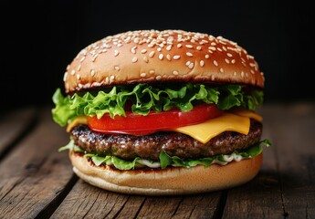 Classic Cheeseburger on a Wooden Plank