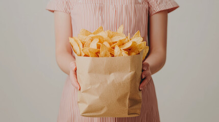 Crispy potato chips in brown paper bag held by person, perfect for snacking. simple presentation highlights deliciousness of chips