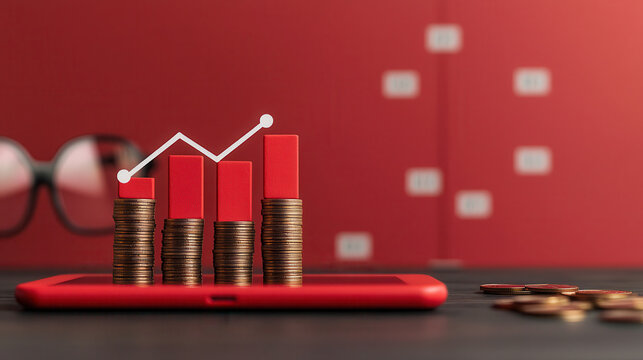 close up of red tablet displaying growing bar graph with stacked coins, symbolizing financial growth and success. background is blurred with red theme