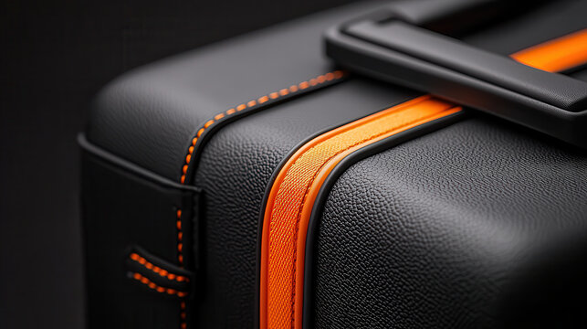 close up of black suitcase with orange accents showcases its sleek design and textured surface, highlighting craftsmanship and modern style. handle is visible, adding functionality