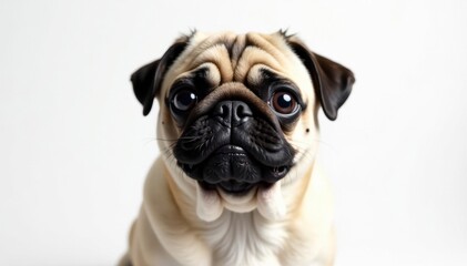 Playful pug, looking at camera, pure white backdrop, watching, playful, white